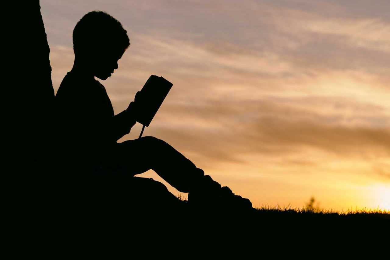 木陰で読書する少年
