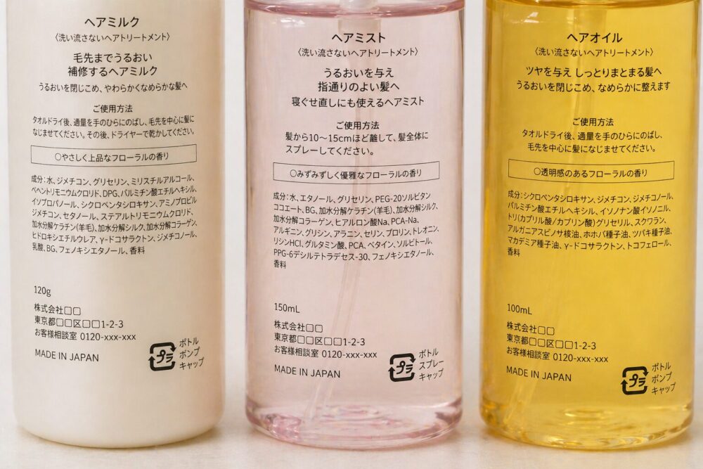 ヘアミルク・ヘアミスト・ヘアオイル成分比較