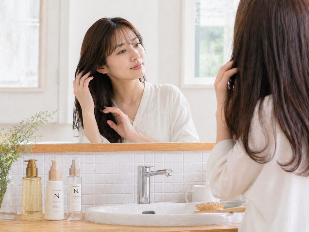 洗面台でヘアケアしている女性
