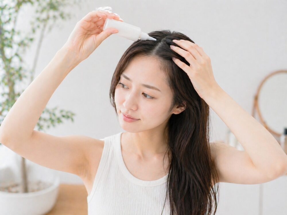ヘアミルクを頭皮につけている女性