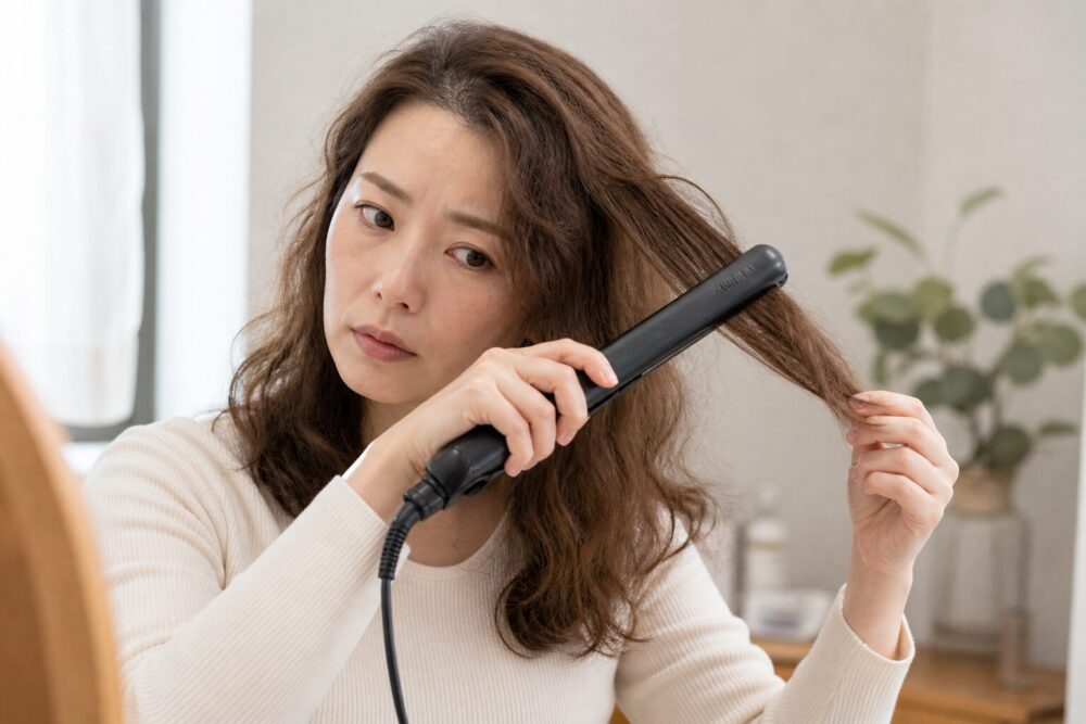 ストレートアイロンを使うクセ毛の女性