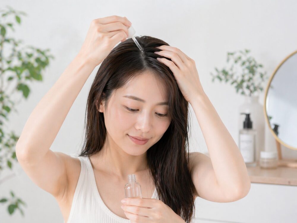 お風呂上がりに頭皮ケアをする女性