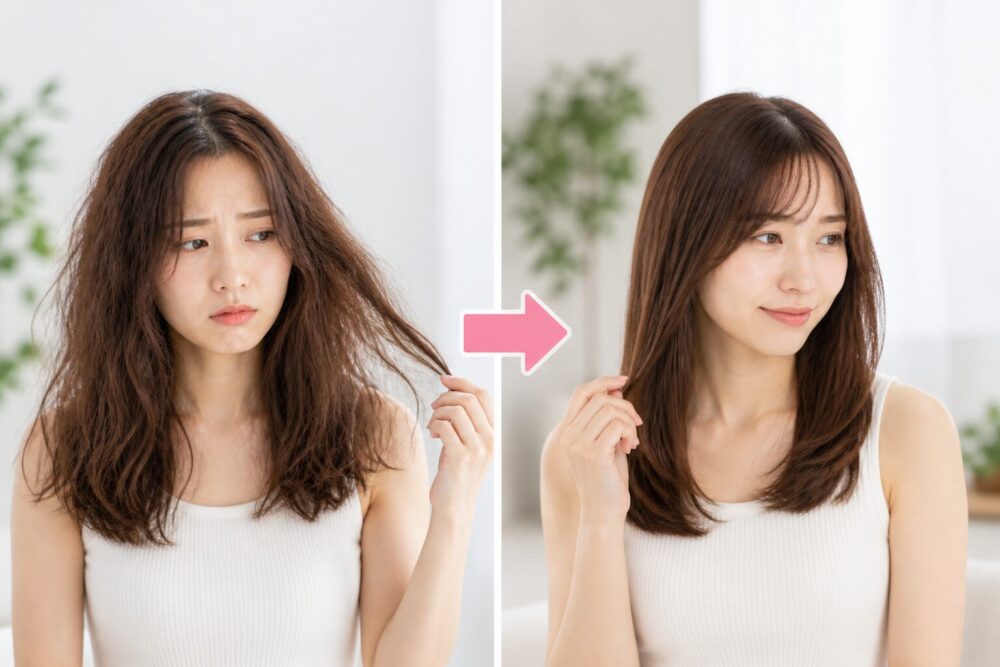 クセ毛の女性がまとまる様子 ビフォーアフター