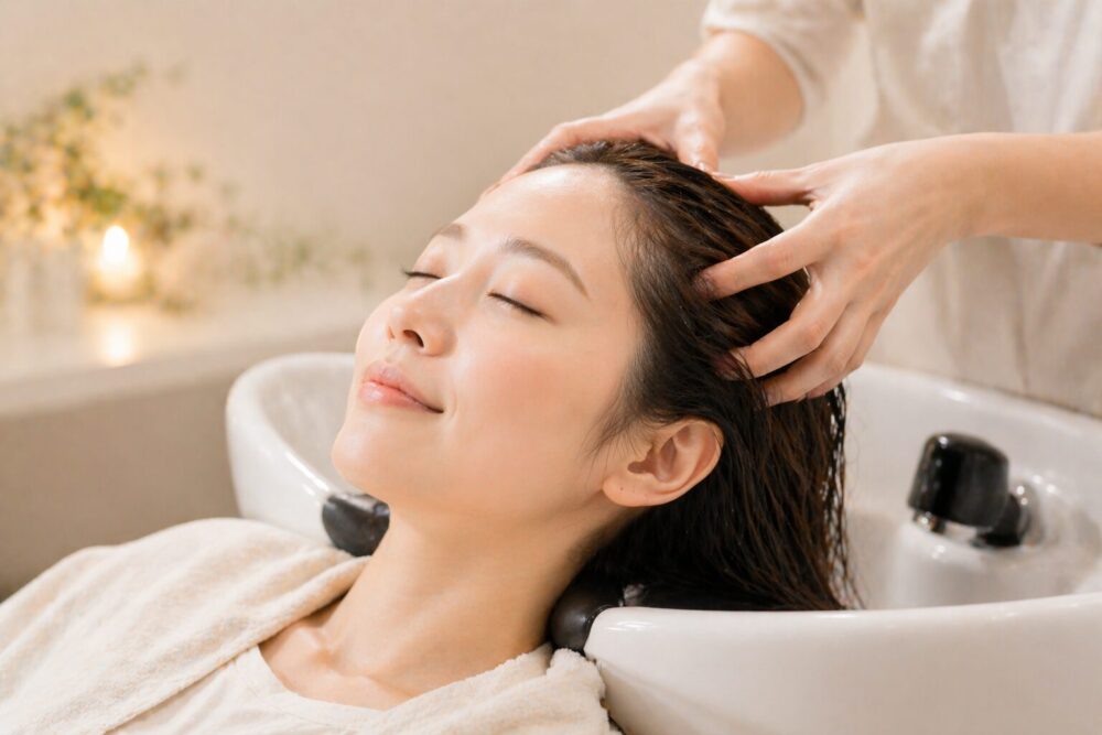 ヘッドスパを受けている女性