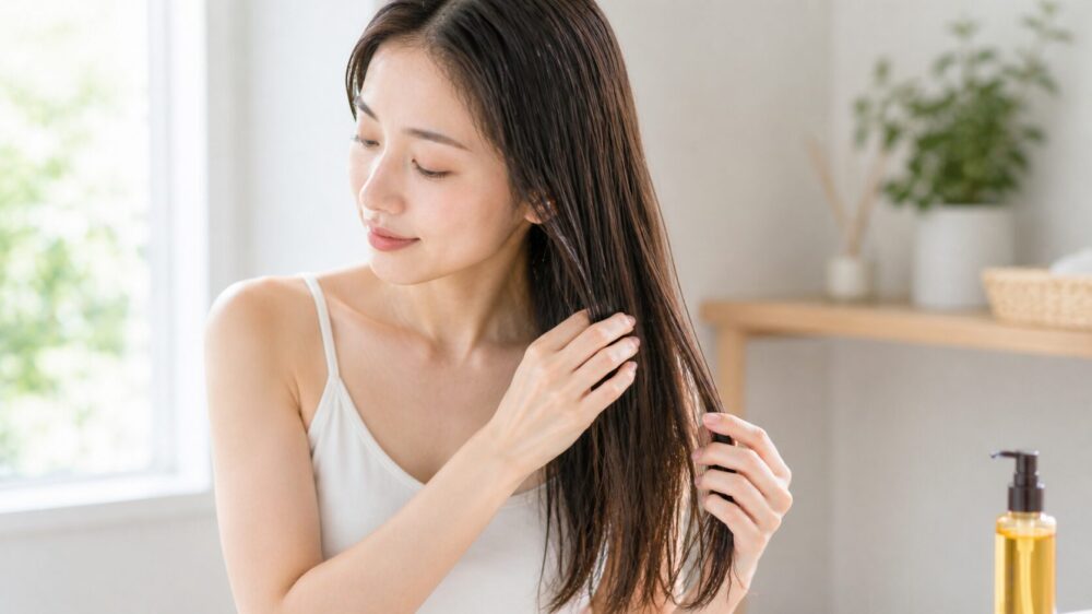 ヘアオイルを髪に塗っている女性