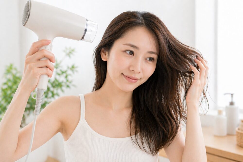 ドライヤーで髪を乾かす女性