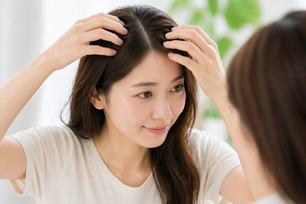 頭皮を分けて確認している女性