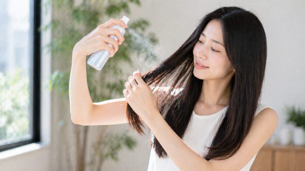 髪にUVミストを振っている女性