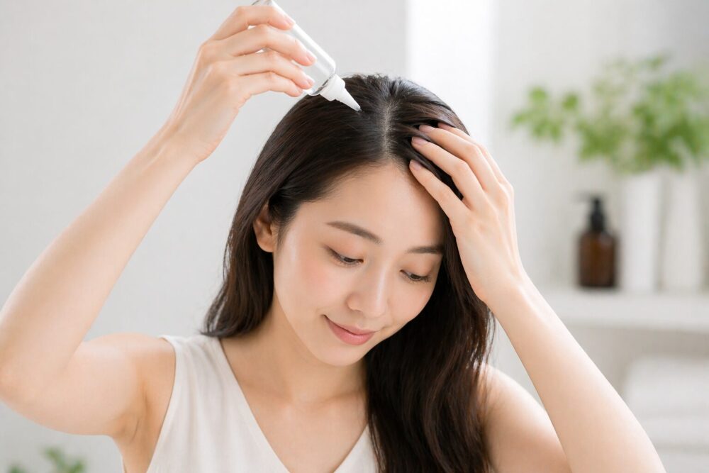 ヘアトニックを頭皮につける女性