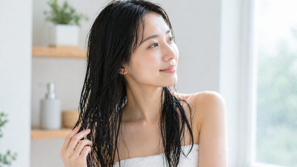 髪を濡らした状態の女性