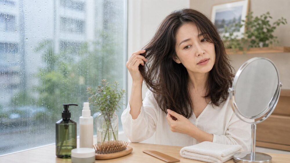 梅雨の湿気で髪が広がる日本人女性の髪