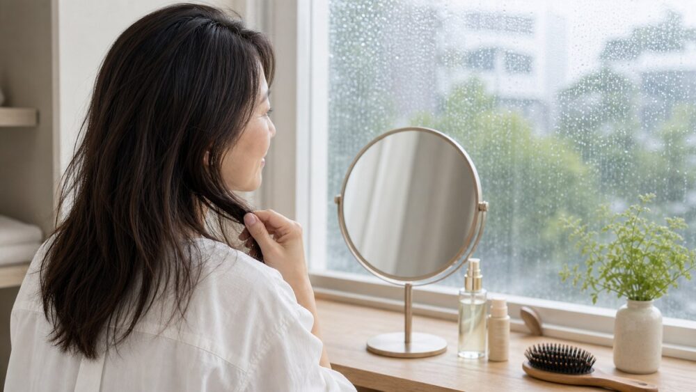 湿気で広がる日本人女性の髪