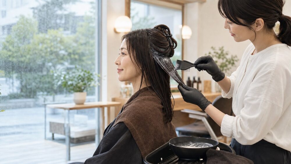 サロンで髪質改善トリートメントを受ける女性