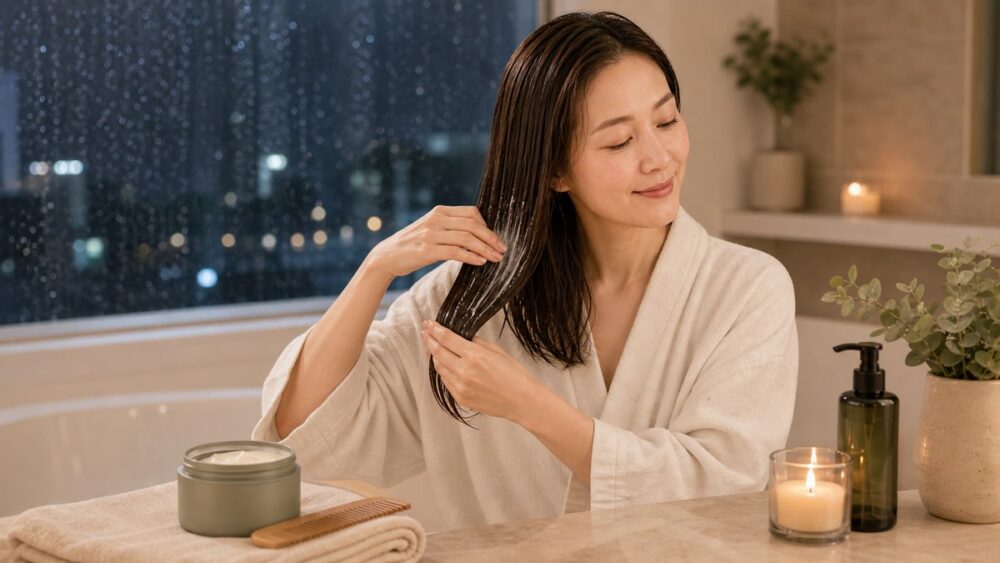 夜のトリートメントで湿気対策をする女性