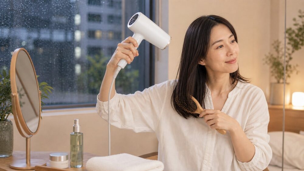 根元から下方向へドライヤーを当てる女性