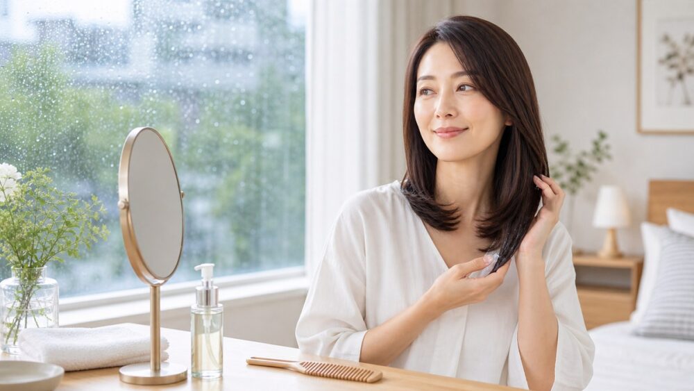 朝の仕上げセラムで髪を整える女性