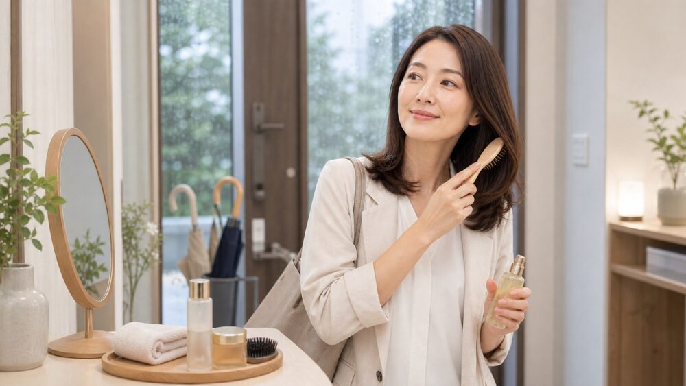 出かける前に髪を整える日本人女性