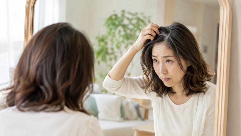 白髪と縮毛矯正の両立に悩む女性のイメージ