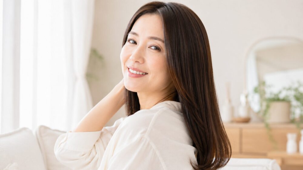美髪ケアアイテムが並ぶ清潔感のある棚