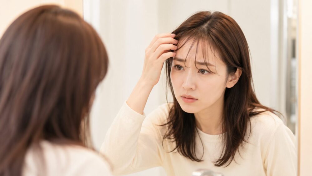 鏡で前髪を見て湿気でうねりを気にする女性