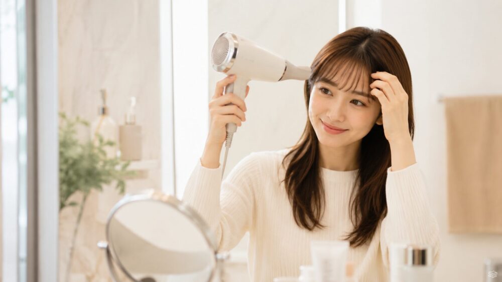ドライヤーで前髪をブローしてスタイリングする女性