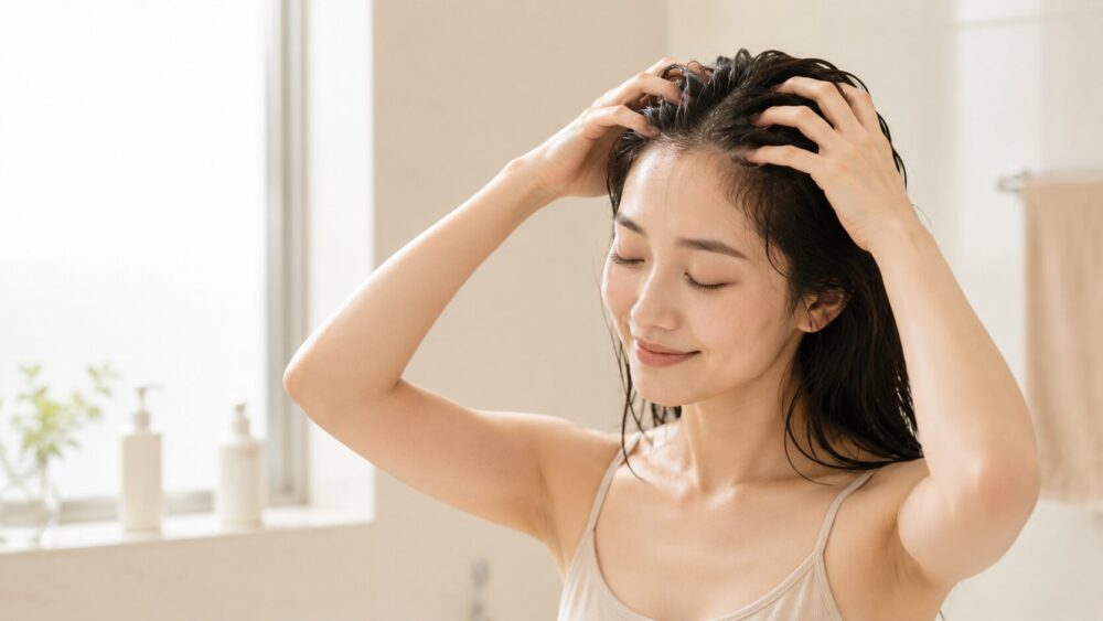 前髪の根元のベタつきを気にする女性