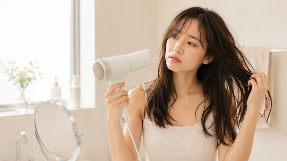 髪を乾かして前髪を整える女性