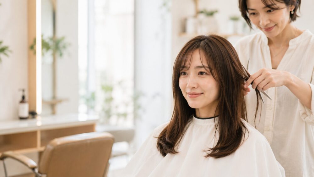 美容室で前髪のカット説明を受ける女性