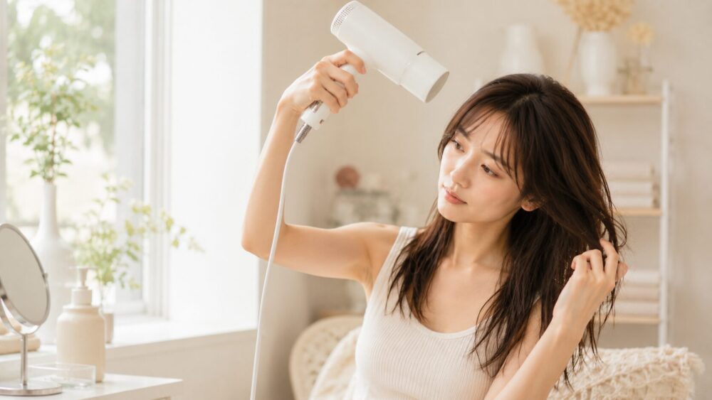 ドライヤーで前髪を上から乾かす女性