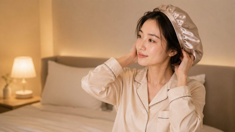 寝る前にヘアケアをする女性