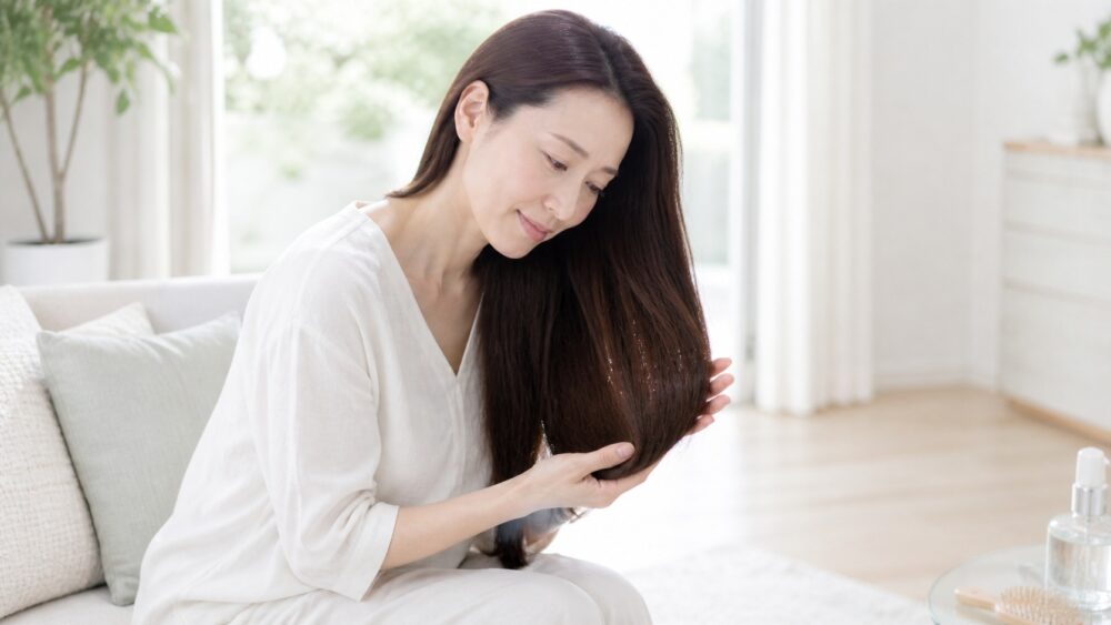 髪のごわごわ改善ケアを実践する女性