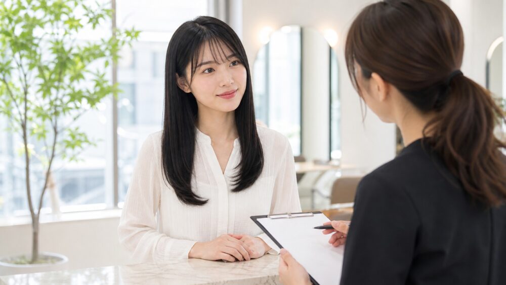 20代女性が美容師に縮毛矯正のカウンセリングを受ける様子