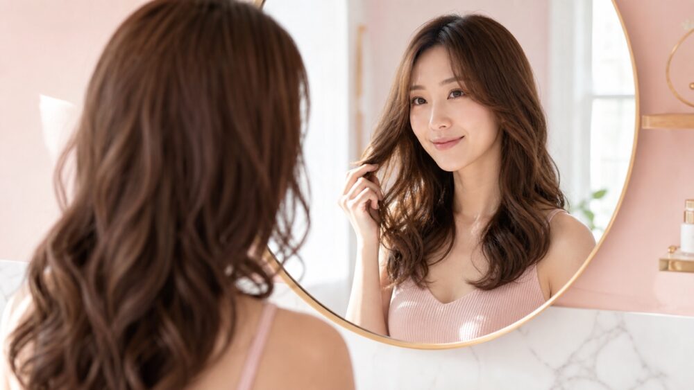 鏡で巻き髪を確認する女性