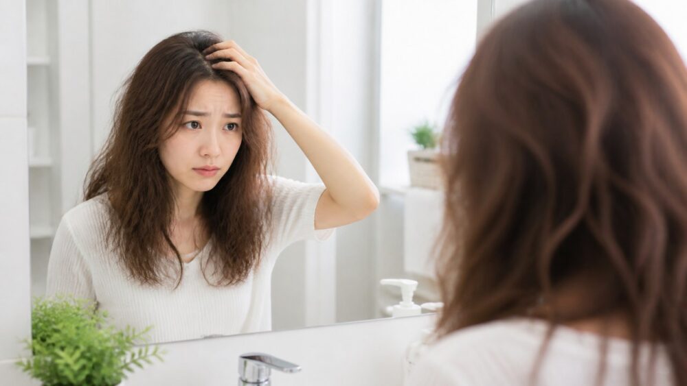 湿気で広がるクセ毛とうねりを鏡で気にする30代女性