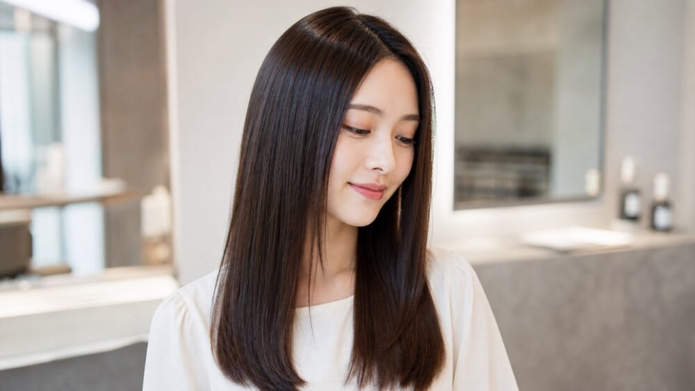 縮毛矯正直後のつやのあるストレートヘアの女性