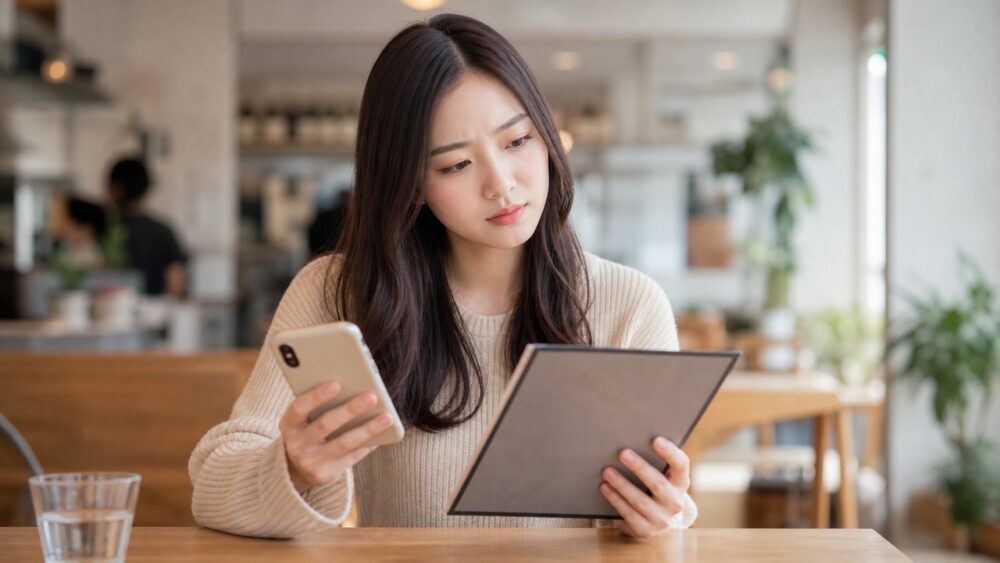 スマホでサロン料金を比較する20代女性
