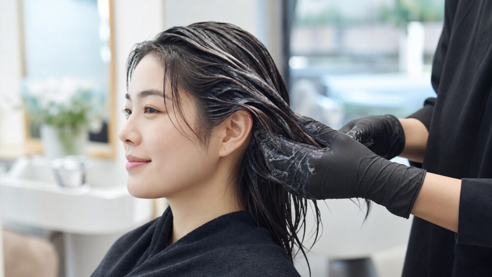 美容室でトリートメント施術を受ける女性