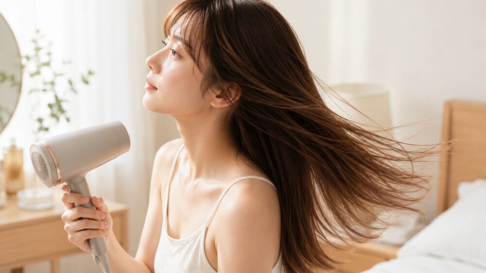 ドライヤーで髪を乾かす女性