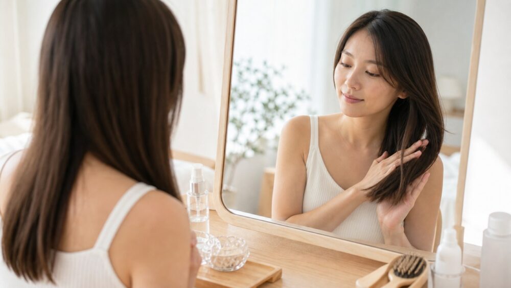 ドレッサーでヘアオイルを手に取り髪につける女性