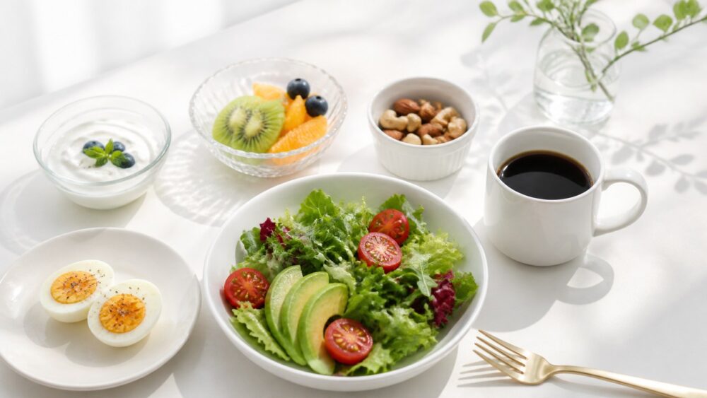 サラダ・ナッツ・卵などタンパク質豊富な朝食とコーヒー
