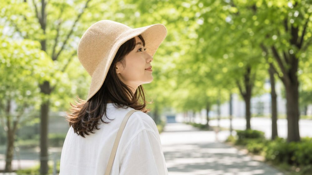 つばの広い帽子をかぶり髪を紫外線から守る女性