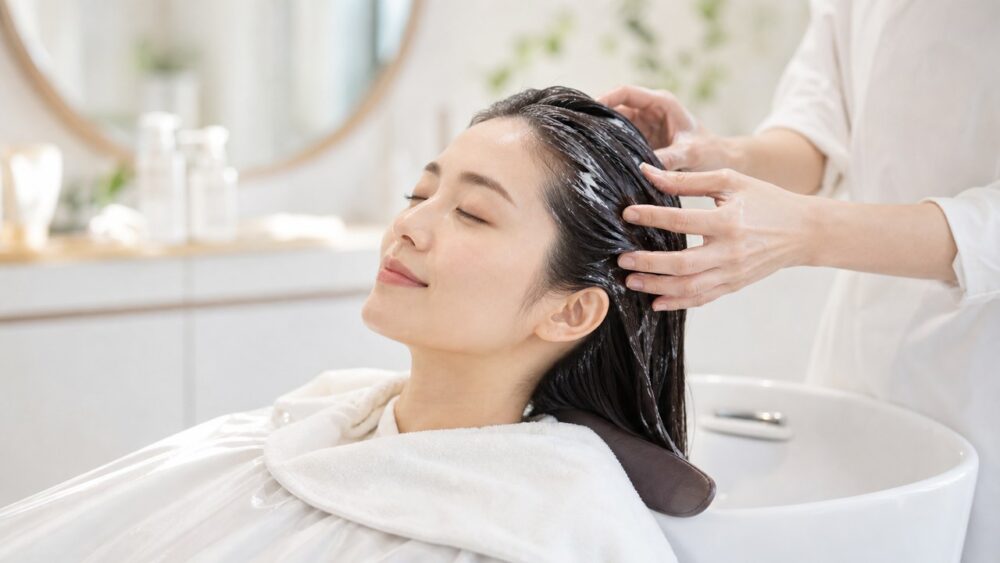 美容室で集中ヘアトリートメントを受けるリラックスした女性
