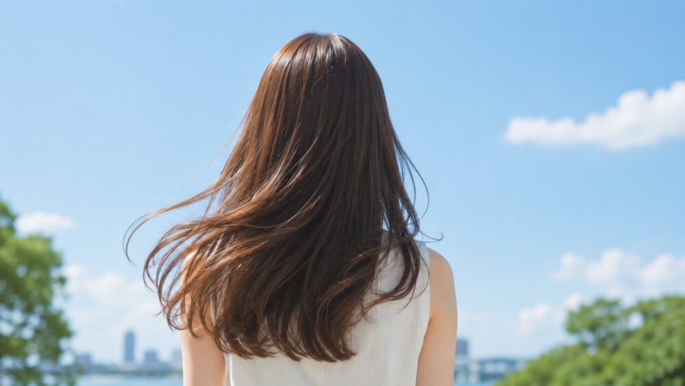 青空の下を歩く茶髪の女性の後ろ姿、紫外線による色落ちのイメージ
