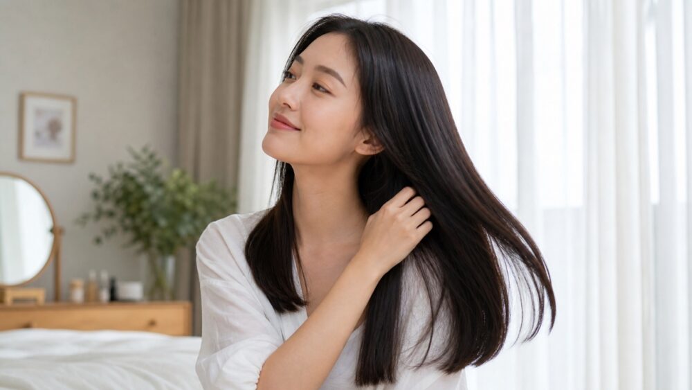 縮毛矯正後の髪を結ばず自然に下ろしている女性