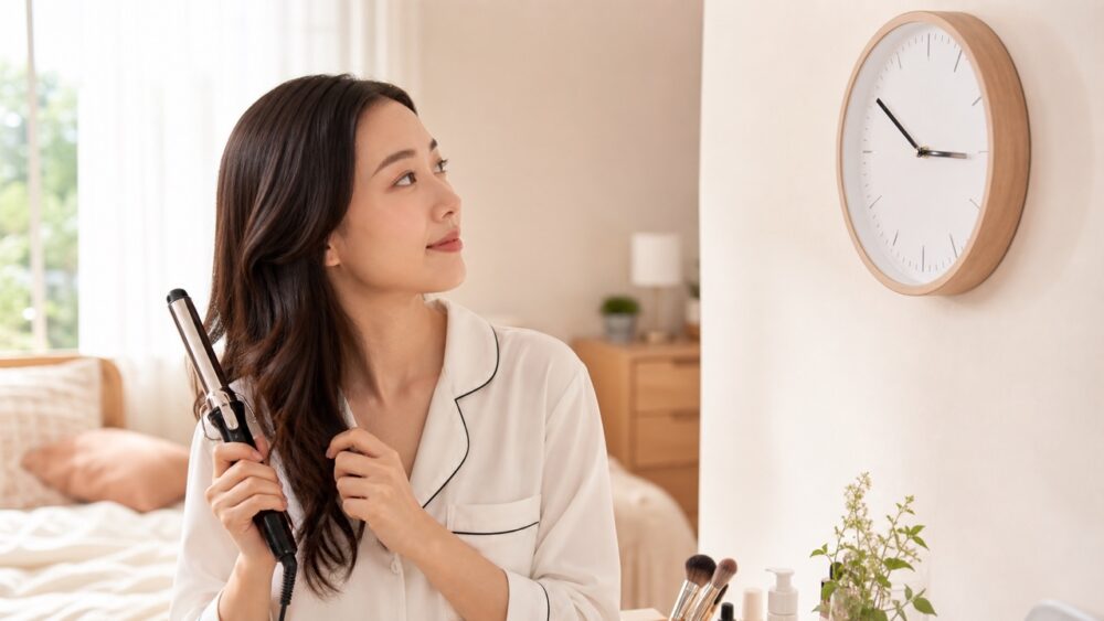 朝に時計を見ながらコテを使う30代女性