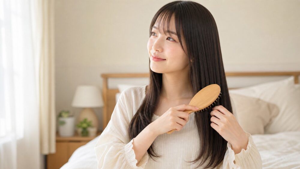縮毛矯正後48時間にやさしくブラッシングする20代女性