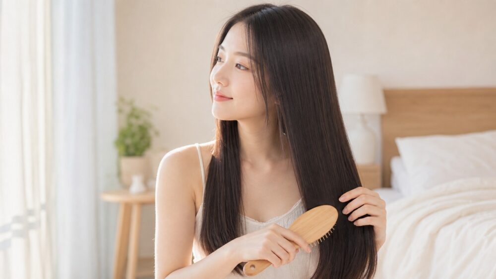 朝の寝室で縮毛矯正後の髪をブラッシングする20代女性
