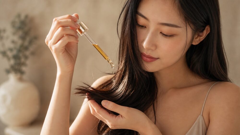 髪の毛先にヘアオイルをなじませる様子