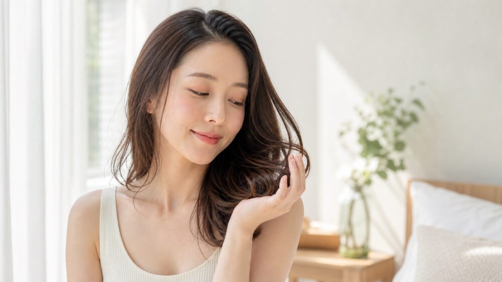 コテで巻いた髪を手で冷ます女性