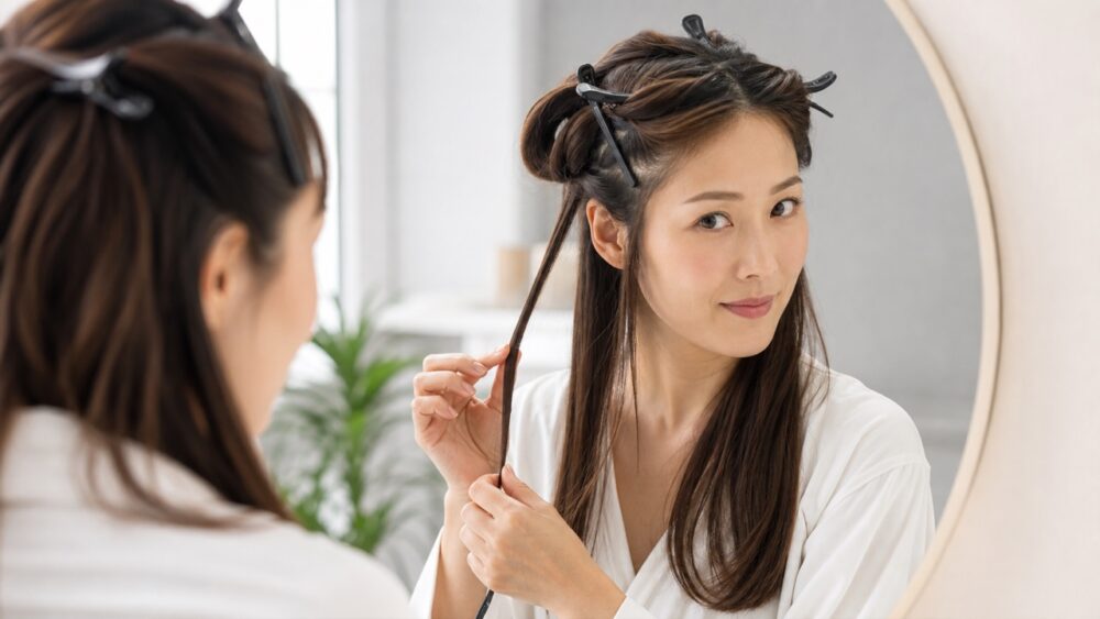 髪を小さな縦の毛束に分ける30代女性